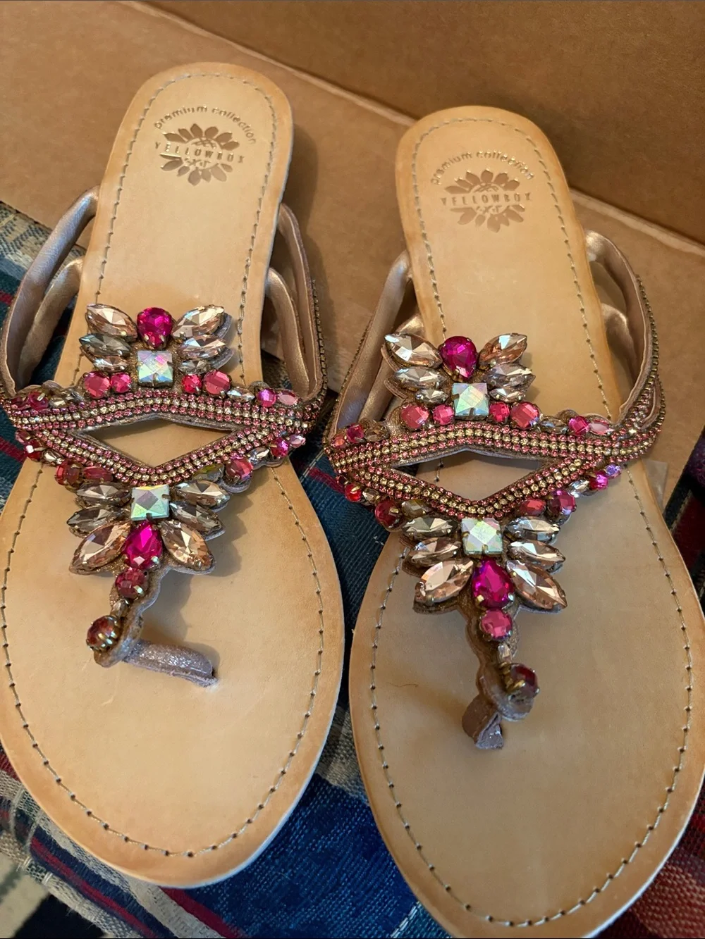 Yellow Box Jeweled Thong Sandals in Hot Pink and Champagne - Picture 1 of 3